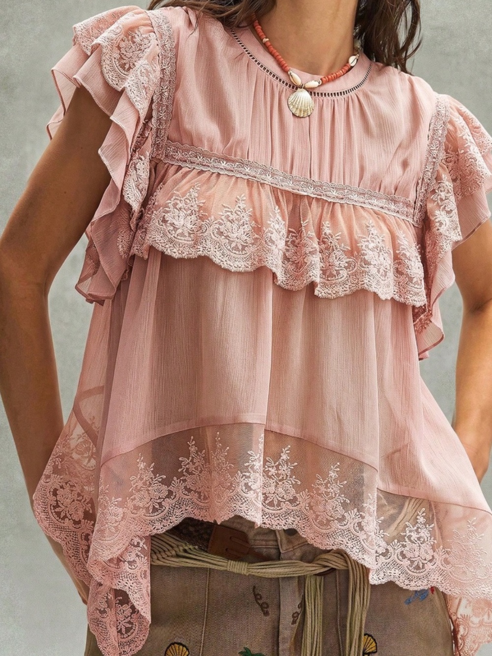 Boho Floral Lace Round Neck Double Ruffle Semi Sheer Blouse